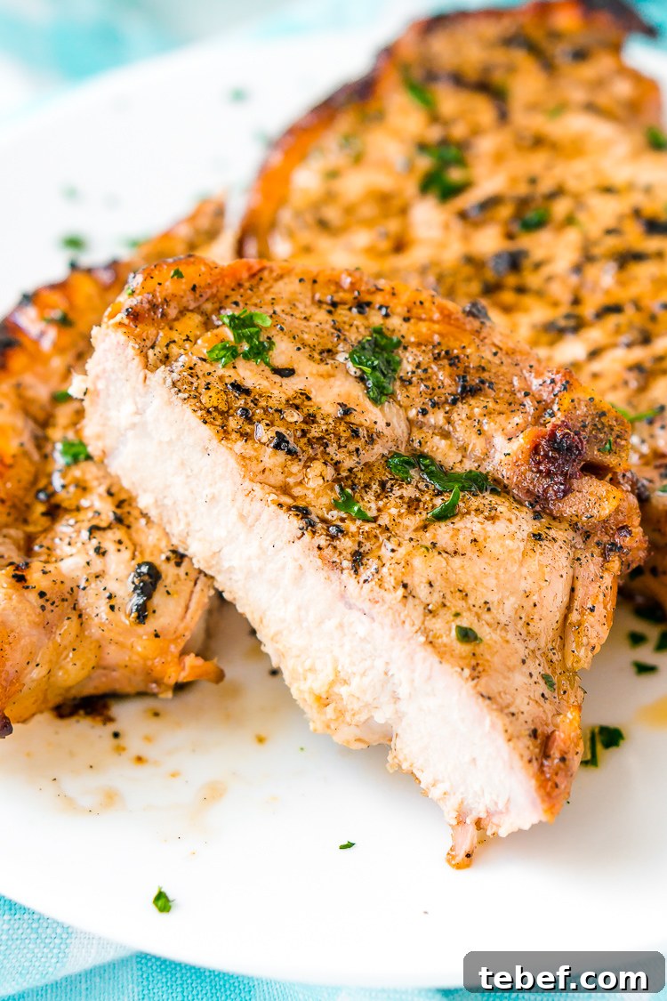 This Pork Chop Marinade makes meat juicy, tender, and super flavorful. Made with apple cider vinegar, olive oil, garlic powder, ground mustard, coriander, sea salt, brown sugar and honey, you can whip it up for summer cookouts or weeknight dinners.