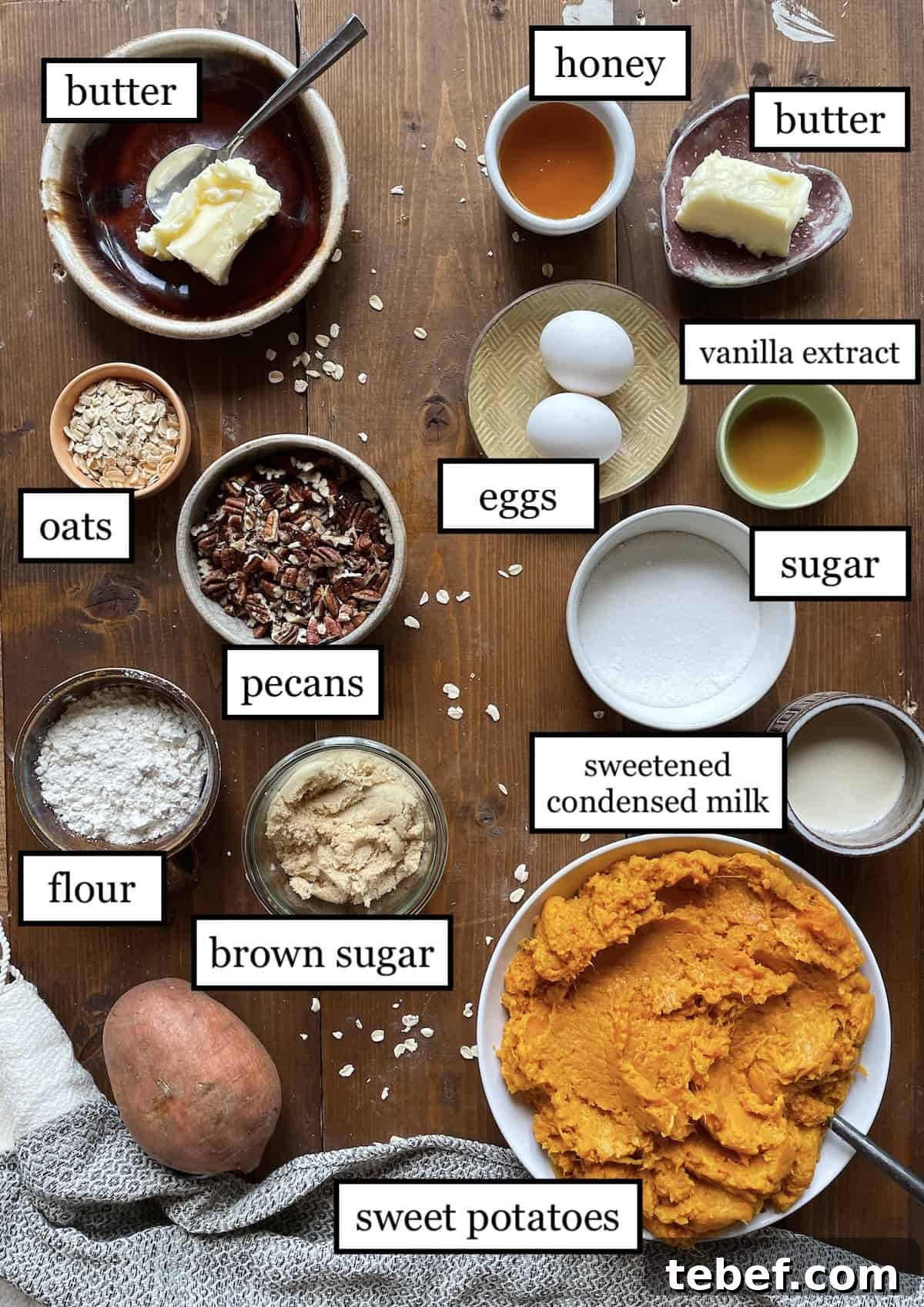 The ingredients in sweet potato casserole laid out and labeled.