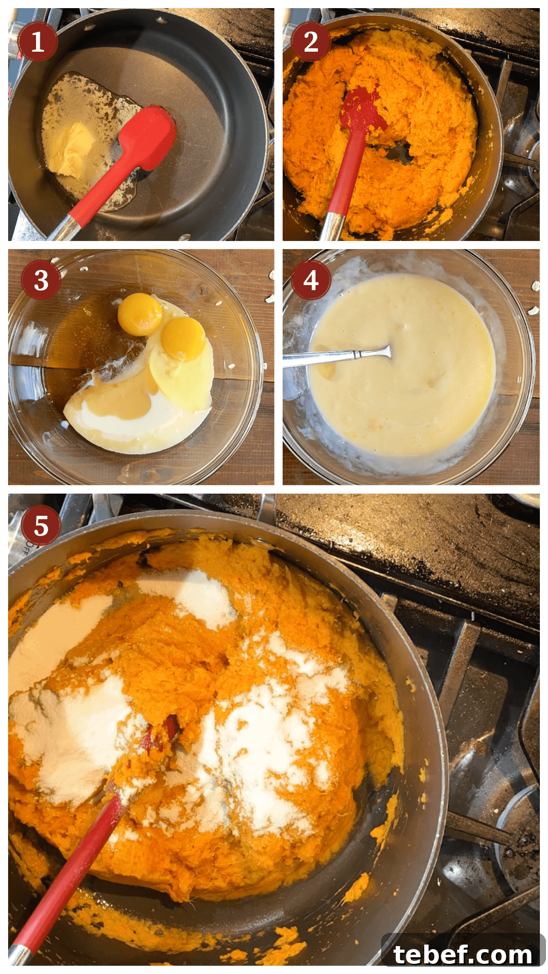 A collage of images showing the process of making sweet potato casserole filling, steps 1 - 5.