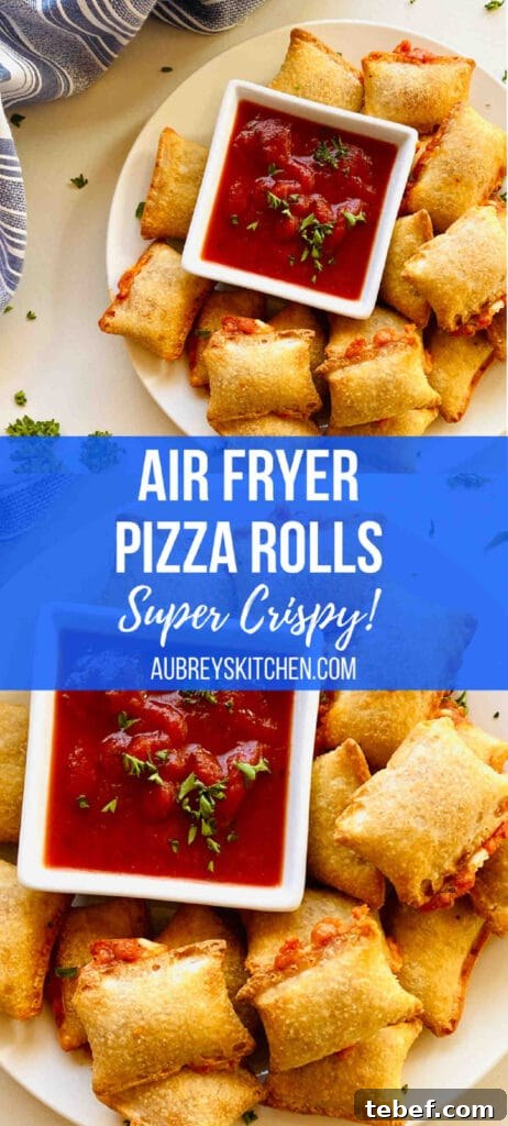 Air fryer pizza rolls on plate next to dish of marinara dipping sauce