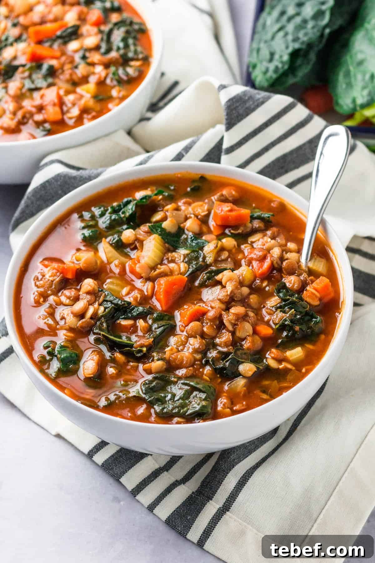 a bowl of lentil and kale sitting on a tabletop