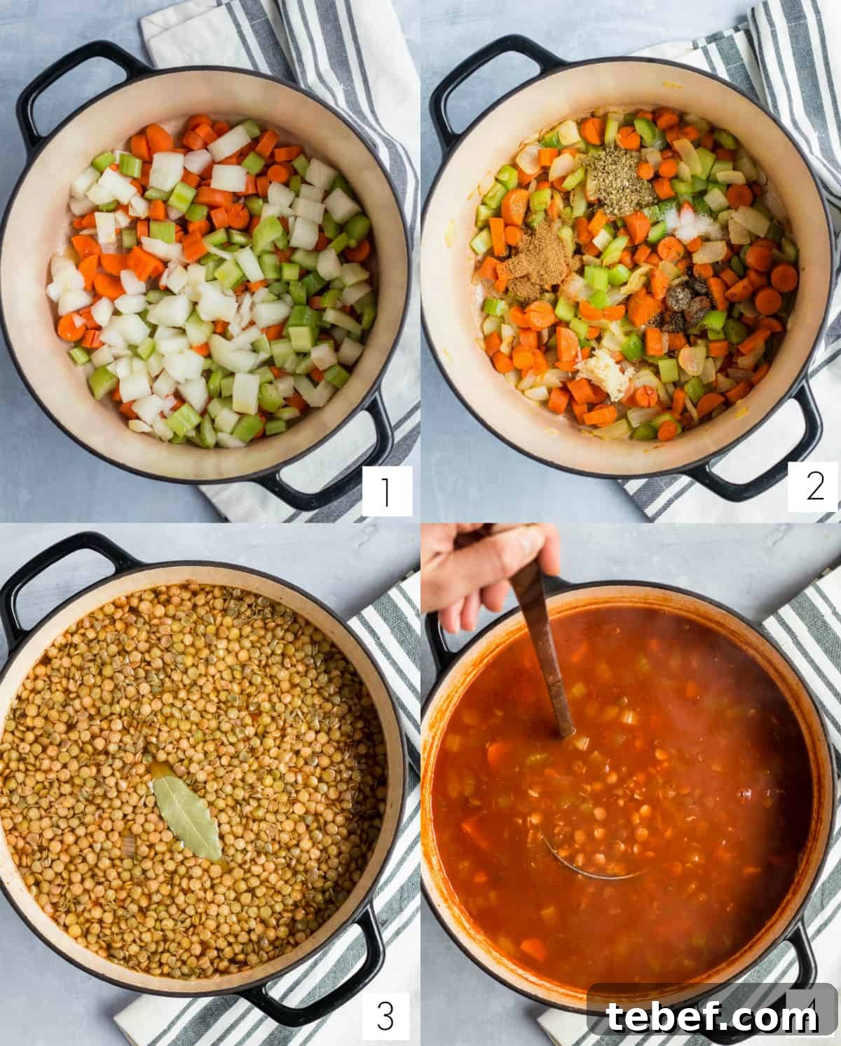 cooking all of the ingredients for lentil and kale soup in a stockpot
