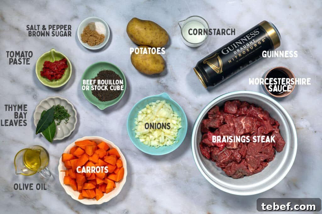 beef stout pie ingredients laid out with captions on top