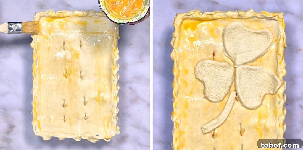 Irish beef pie, close up on puff pastry crust prior to baking