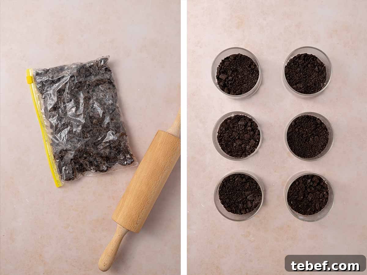 Set of two photos showing Oreo cookies crushed in a bag and pressed into six jars.