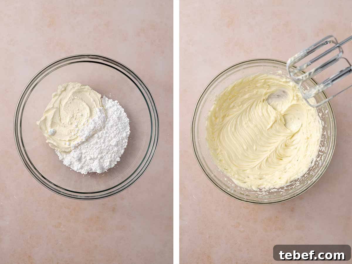 Set of two photos showing cream cheese and powdered sugar in a bowl and whipped together.