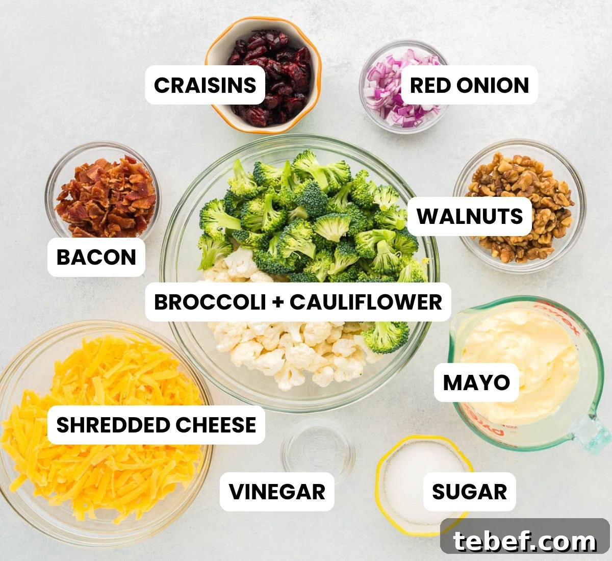 ingredients for cauliflower broccoli salad