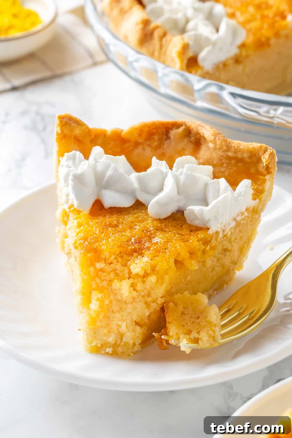 Slice of vegan buttermilk pie on plate with tip on fork