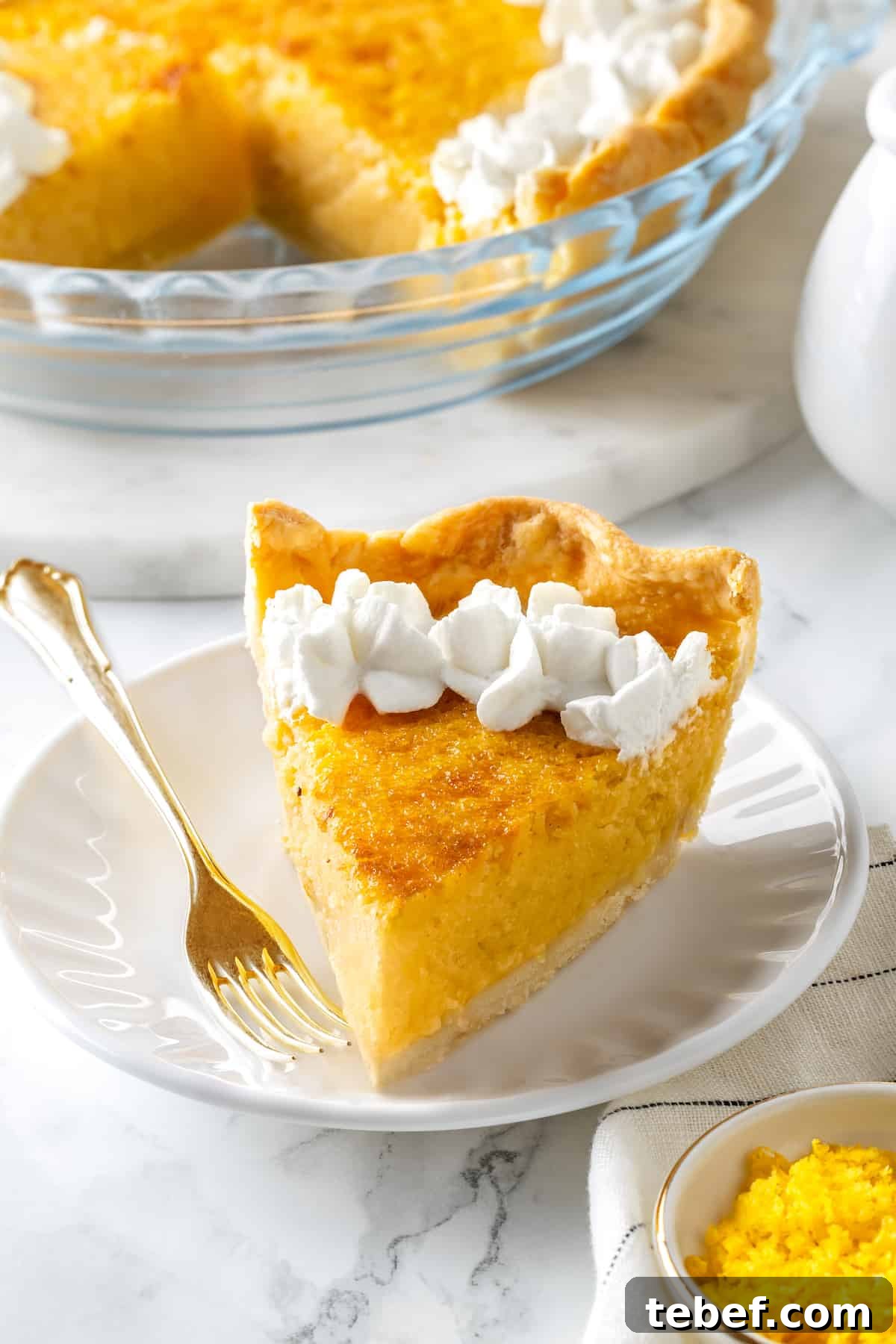 Slice of buttermilk pie on plate with fork