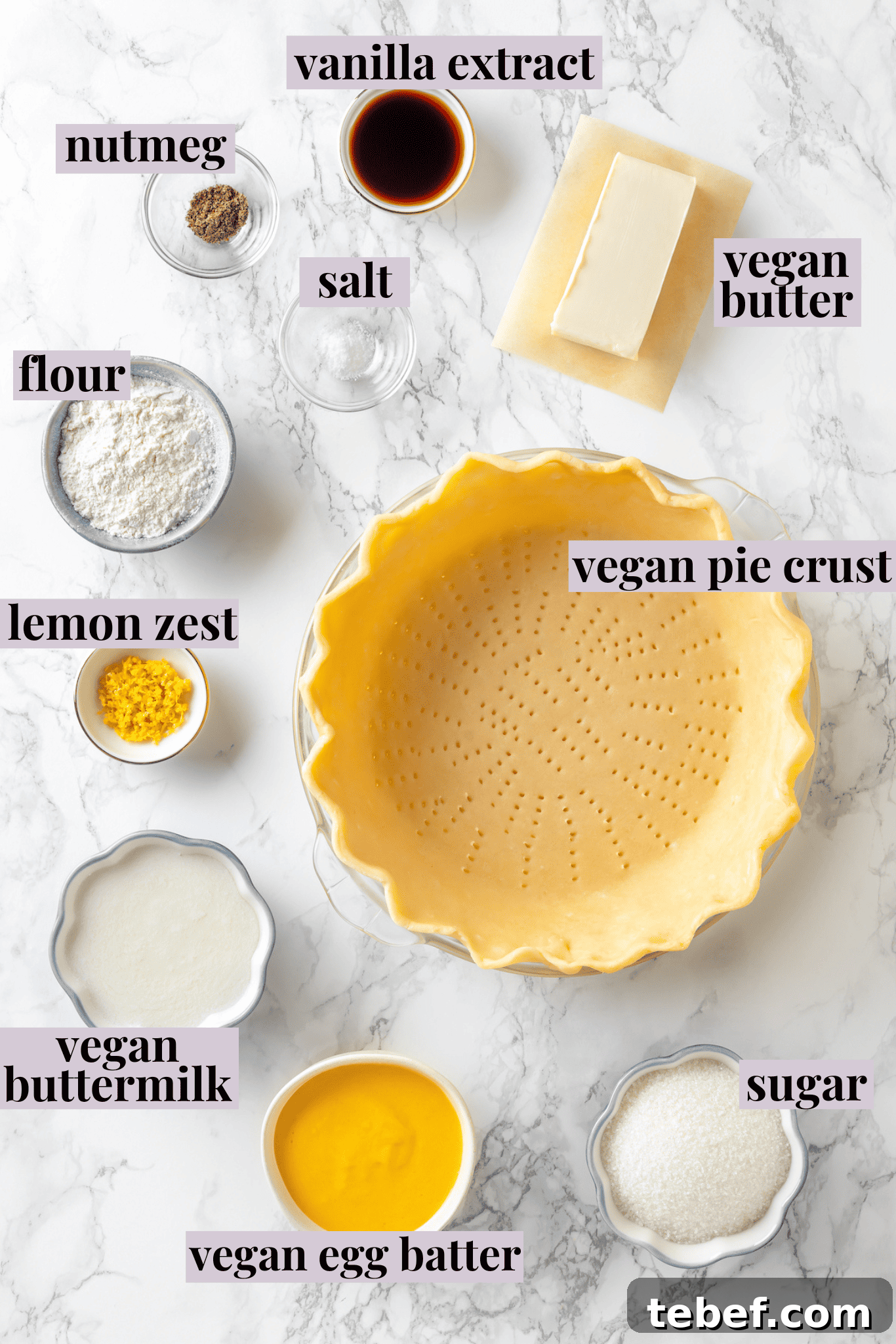 Overhead view of ingredients for buttermilk pie with labels