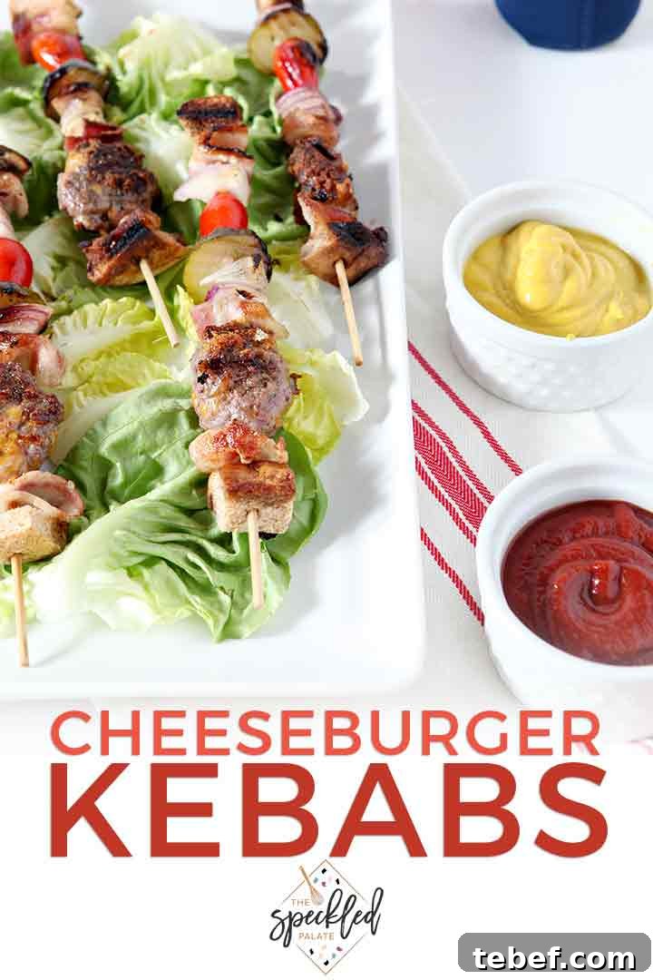 Pinterest image, showcasing a close up of Cheeseburger Kebabs