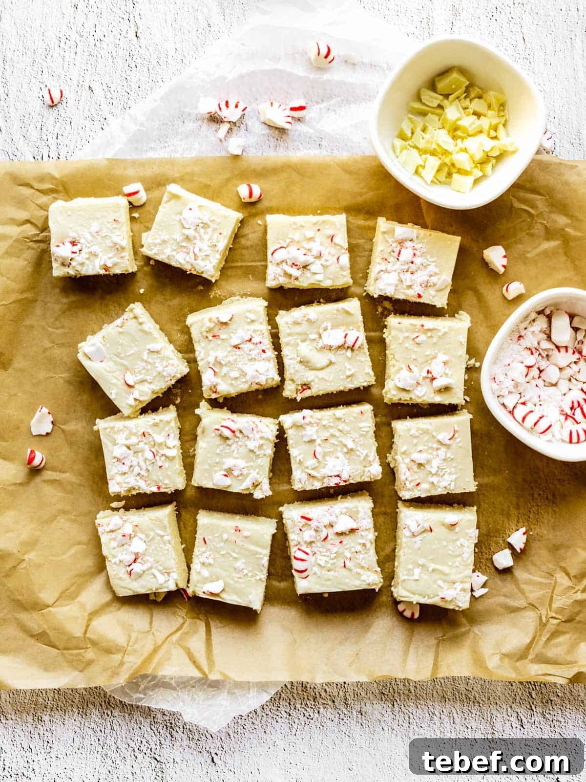 overhead of squares of white chocolate peppermint fudge