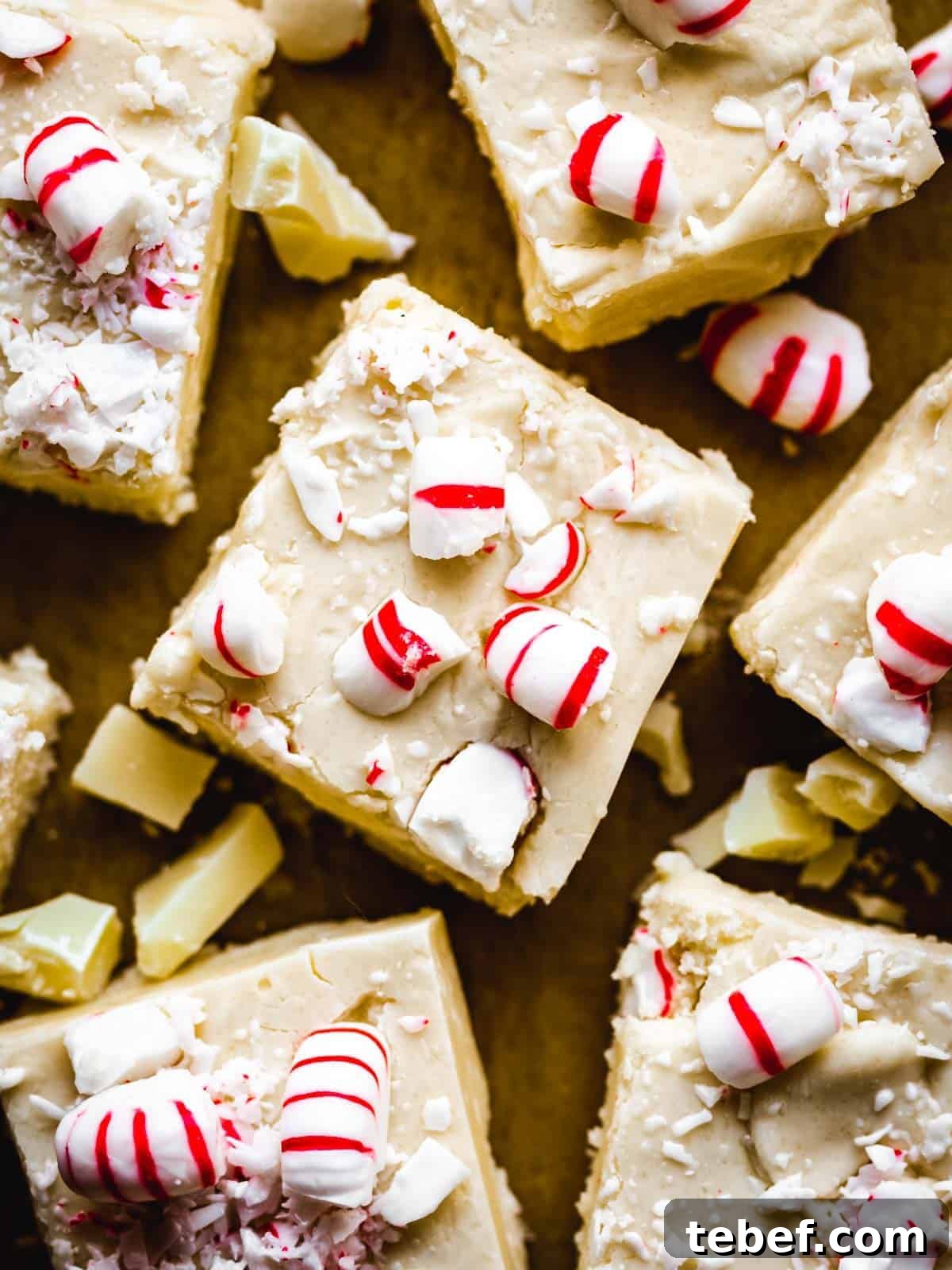 close up of white chocolate peppermint fudge square