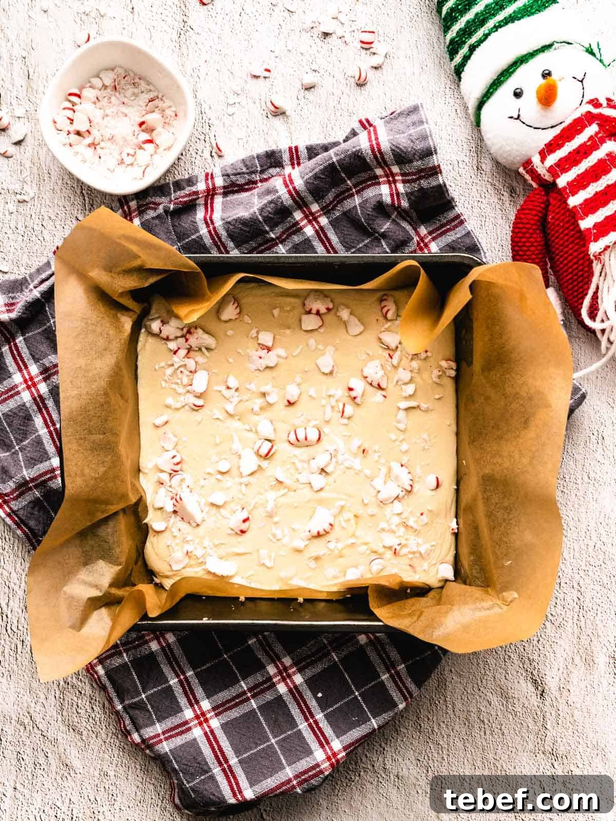 white chocolate candy cane fudge in pan