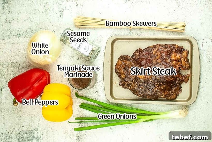 Ingredients needed to make beef kabobs with labels text overlay.