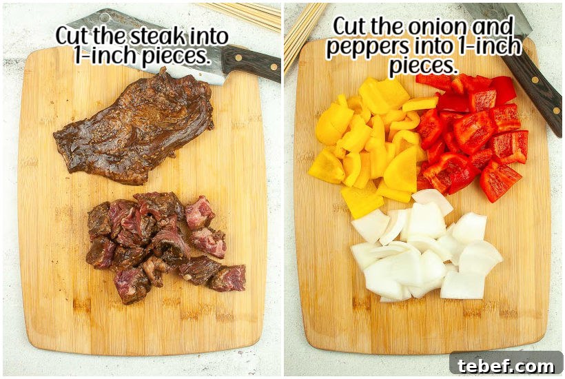 Side by side images of steak cut into pieces on a cutting board and onions and peppers cut into pieces on a cutting board with text overlay.