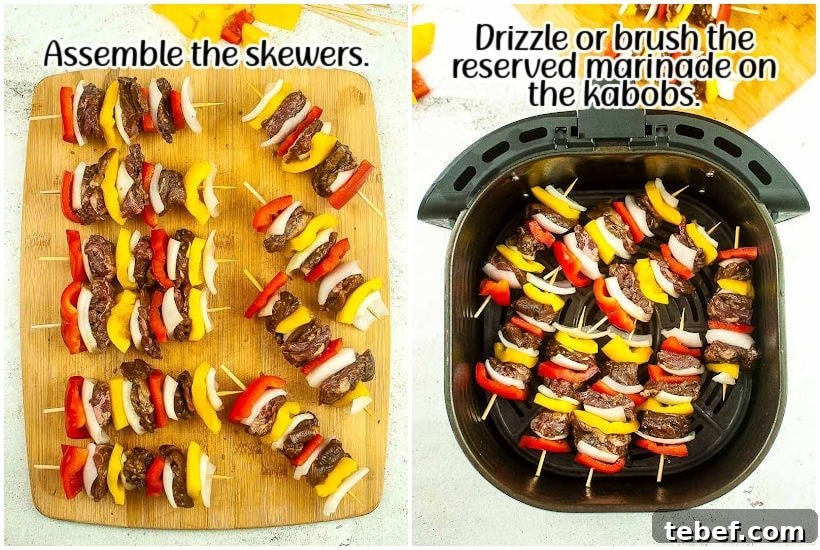Two images of beef kabobs assembled on skewers and skewers in an air fryer basket with text overlay.
