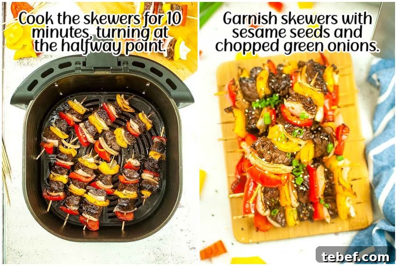 Side by side images of cooked kabobs in an air fryer basket and a cutting board with cooked skewers with text overlay.