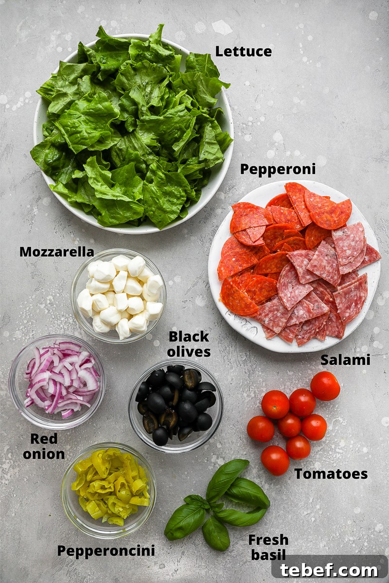 Ingredients used to make a loaded Italian salad