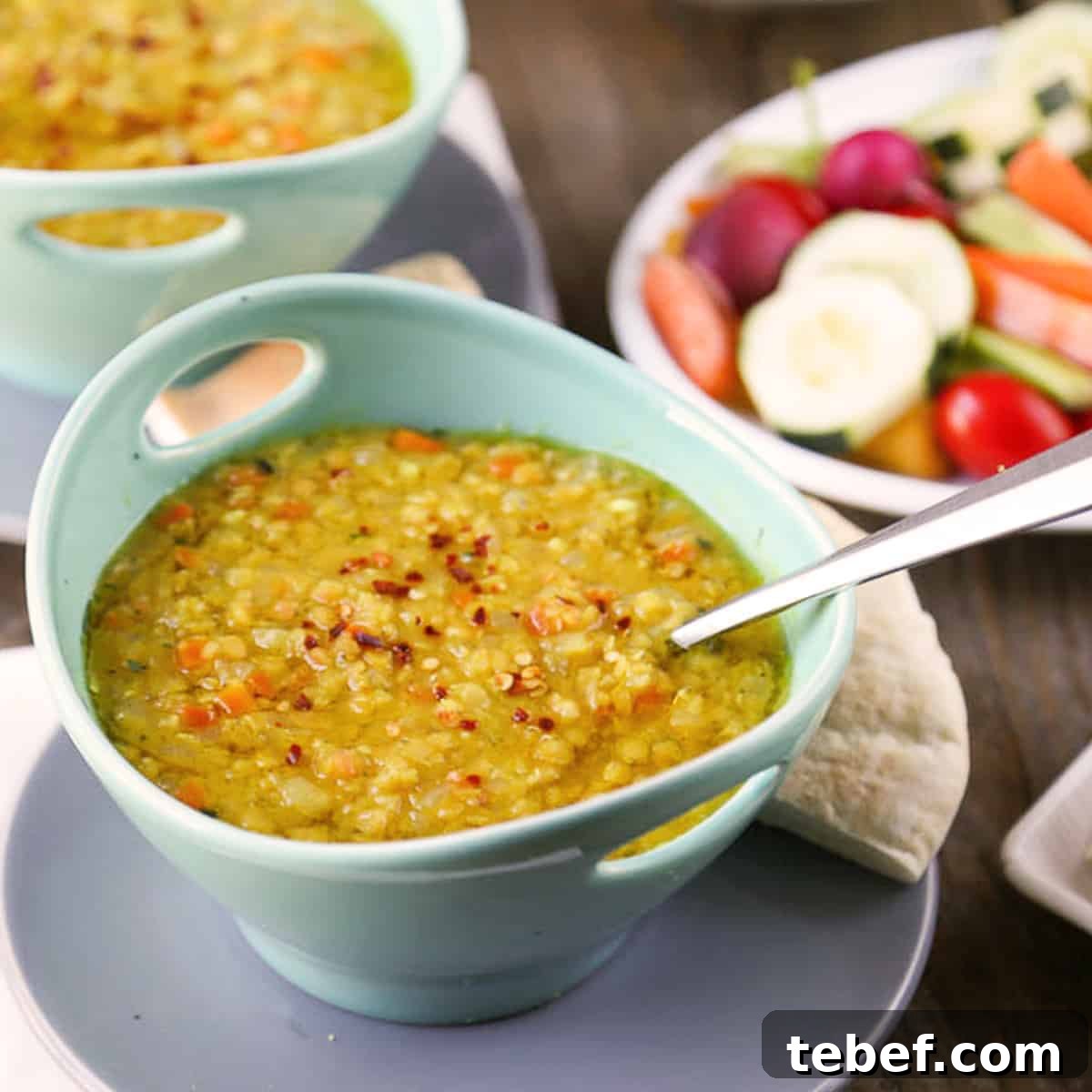bowl of lemon lentil soup topped with red pepper flakes in a turquoise bowl