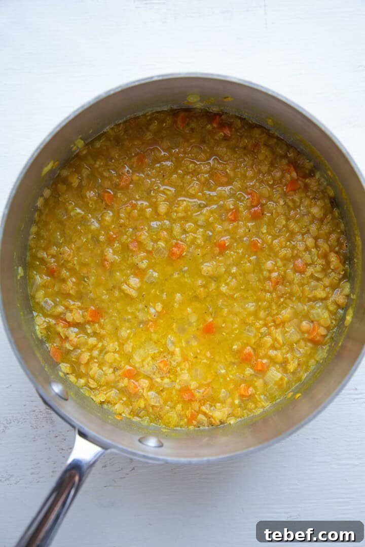cooked lentil soup in a pot.